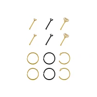 Multi-Pack Goldtone and Black Heart Nose Pins and Hoops 12 Pack - 20 Gauge