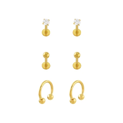 Multi-Pack Titanium CZ Goldtone Labrets and Horseshoe Rings 6 Pack - 16 Gauge