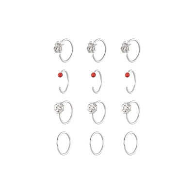 Multi-Pack Red CZ Spider Hoops and Half Hoop Nose Rings 12 Pack - 20 Gauge