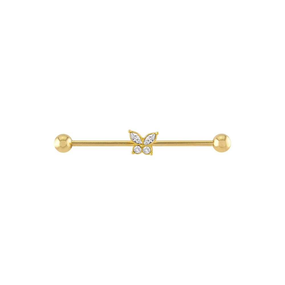 CZ Gold Plated Butterfly Industrial Barbell - 14 Gauge