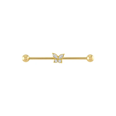 CZ Gold Plated Butterfly Industrial Barbell - 14 Gauge