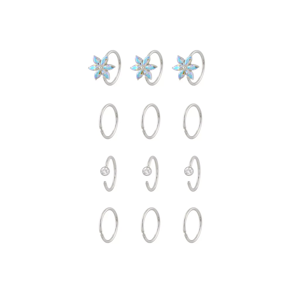 Multi-Pack Round CZ Flower Hoop and Half Hoop Nose Rings 12 Pack - 20 Gauge