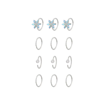 Multi-Pack Round CZ Flower Hoop and Half Hoop Nose Rings 12 Pack - 20 Gauge