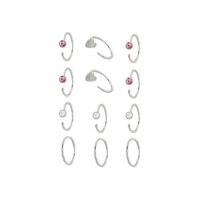 Multi-Pack CZ Pink Stone and Heart Half Hoop Nose Rings 12 Pack - 20 Gauge