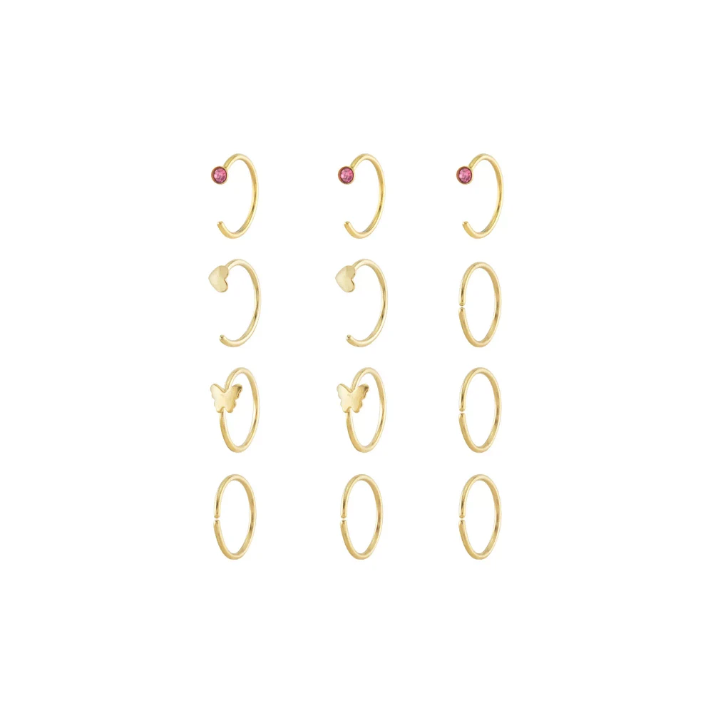 Multi-Pack Pink CZ Titanium Goldtoned Butterfly Nose Hoop Rings 12 Pack - 20 Gauge