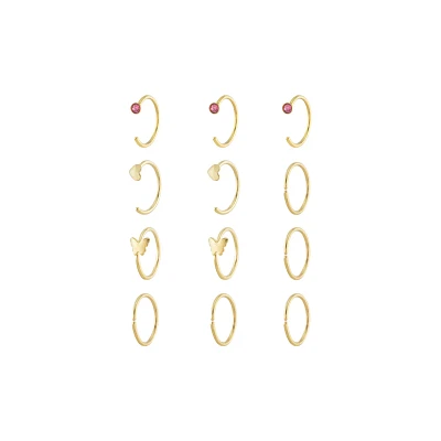 Multi-Pack Pink CZ Titanium Goldtoned Butterfly Nose Hoop Rings 12 Pack - 20 Gauge