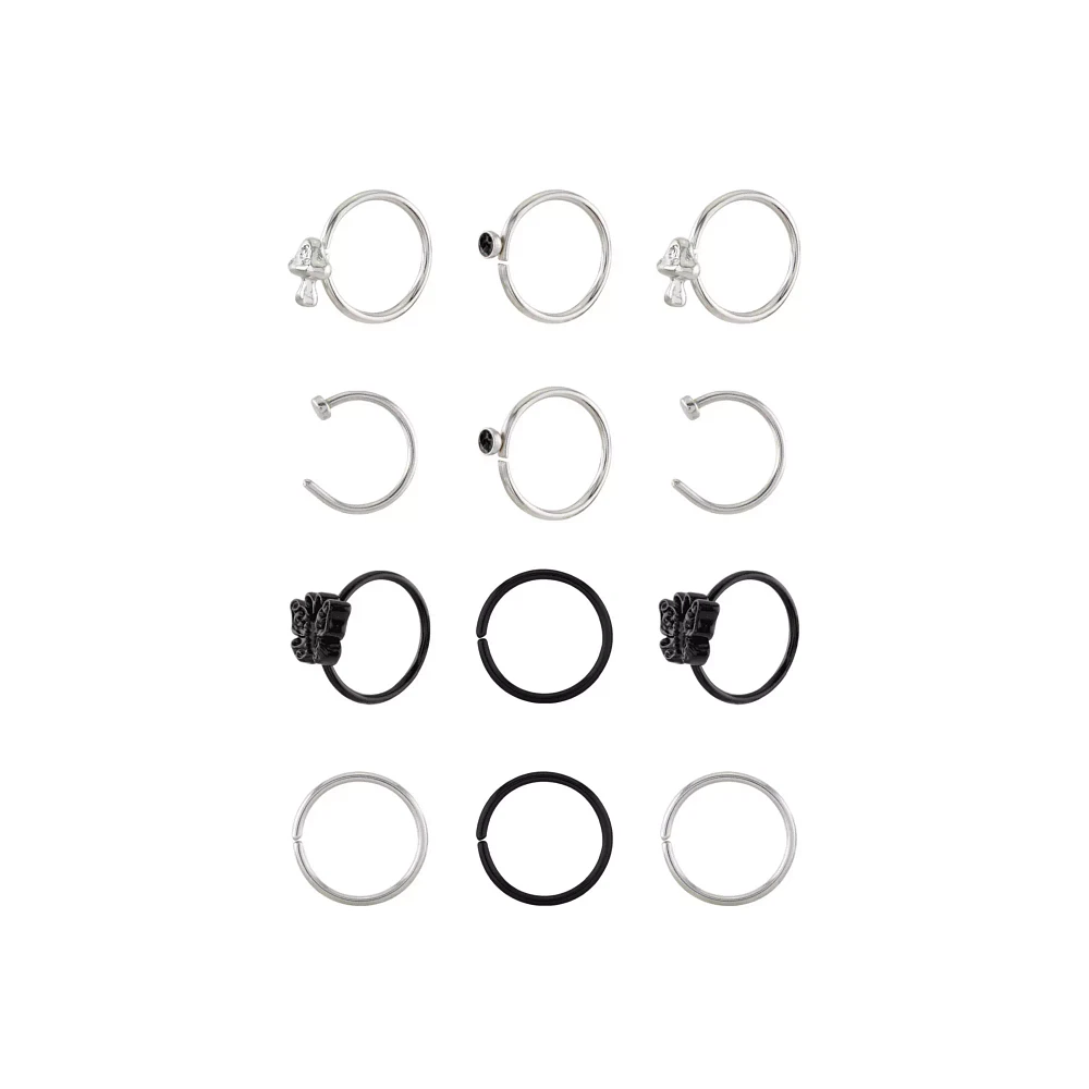 Multi-Pack CZ Butterfly and Mushroom Half Hoop Nose Rings 12 Pack - 20 Gauge
