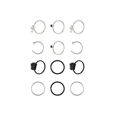 Multi-Pack CZ Butterfly and Mushroom Half Hoop Nose Rings 12 Pack - 20 Gauge