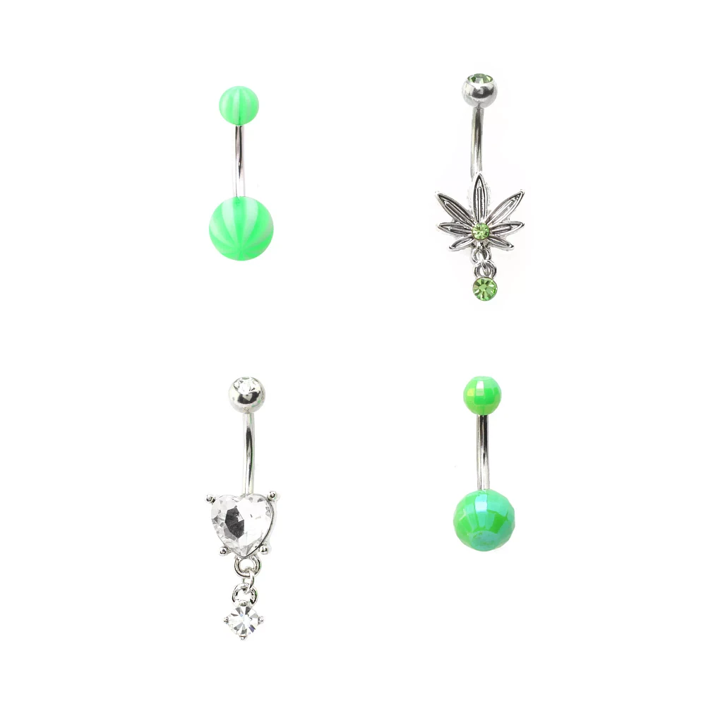 Multi-Pack Green Leaf Dangle Belly Rings 4 Pack - 14 Gauge