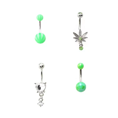 Multi-Pack Green Leaf Dangle Belly Rings 4 Pack - 14 Gauge
