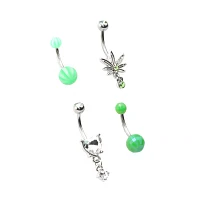 Multi-Pack Green Leaf Dangle Belly Rings 4 Pack - 14 Gauge