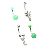 Multi-Pack Green Leaf Dangle Belly Rings 4 Pack - 14 Gauge