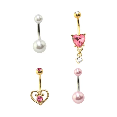 Multi-Pack Pink Heart Dangle Belly Rings 4 Pack - 14 Gauge