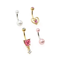 Multi-Pack Pink Heart Dangle Belly Rings 4 Pack - 14 Gauge