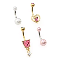 Multi-Pack Pink Heart Dangle Belly Rings 4 Pack - 14 Gauge