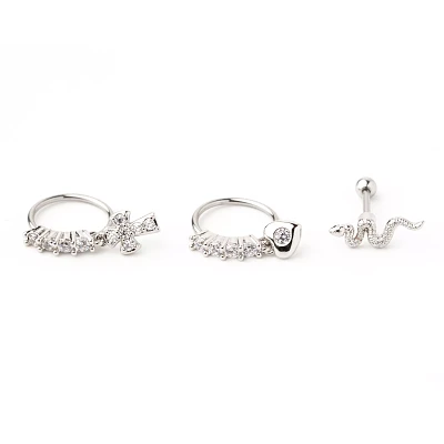 Multi-Pack CZ Snake and Cross Hoop and Cartilage Earrings 3 Pack - 18 Gauge