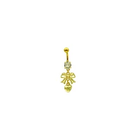CZ Gold Heart and Bow Dangle Belly Ring - 14 Gauge