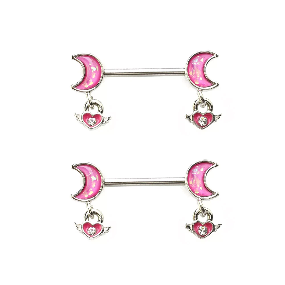 Pink Moon Dangle Nipple Barbells - 16 Gauge