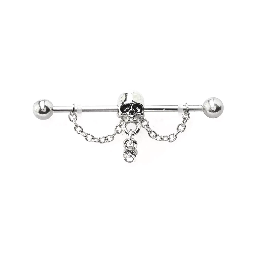 Silver Skull Ear Barbell - 14 Gauge