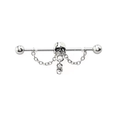 Silver Skull Ear Barbell - 14 Gauge