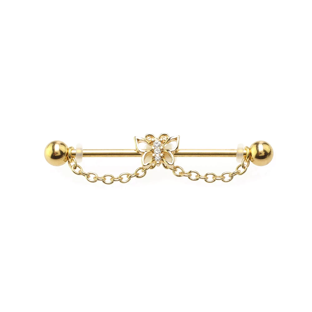 CZ Butterfly Goldtone Chain Dangle Industrial Barbell - 14 Gauge