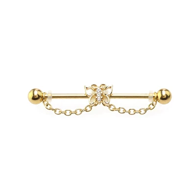 CZ Butterfly Goldtone Chain Dangle Industrial Barbell - 14 Gauge