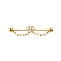 CZ Butterfly Goldtone Chain Dangle Industrial Barbell - 14 Gauge