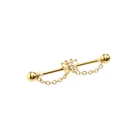 CZ Butterfly Goldtone Chain Dangle Industrial Barbell - 14 Gauge