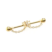 CZ Butterfly Goldtone Chain Dangle Industrial Barbell - 14 Gauge