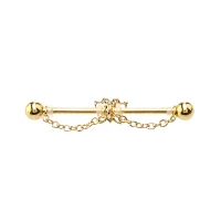 CZ Butterfly Goldtone Chain Dangle Industrial Barbell - 14 Gauge