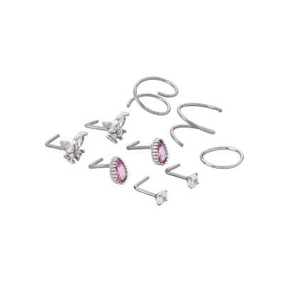 Multi-Pack CZ Pink Titanium Screw Hoop and L-Bend Nose Rings 9 Pack - 20 Gauge