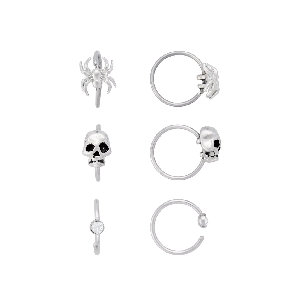 Multi-Pack CZ Spider and Skull Hoop and Half Hoop Nose Rings 6 Pack - 20 Gauge