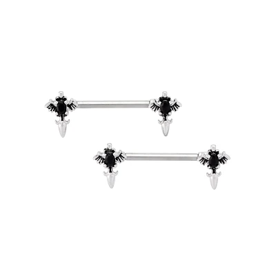 Titanium Silver and Black Cross Nipple Barbells - 14 Gauge