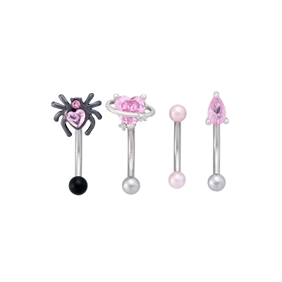Multi-Pack Silvertone and Pink Spider Heart Curved Barbells 4 Pack - 16 Gauge