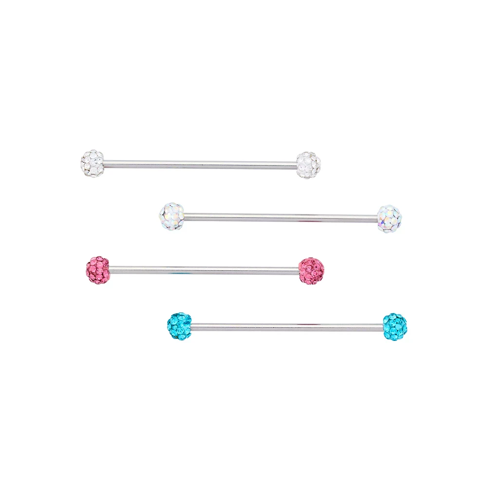 Multi-Pack CZ Clear Pink and Blue Pave Industrial Barbells 4 Pack - 14 Gauge