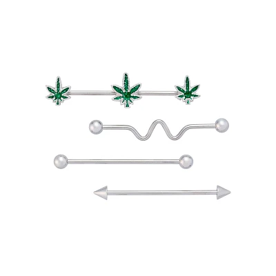 Multi-Pack Weed Leaf and Silvertone Industrial Barbells 4 Pack - 14 Gauge