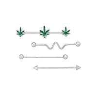 Multi-Pack Weed Leaf and Silvertone Industrial Barbells 4 Pack - 14 Gauge