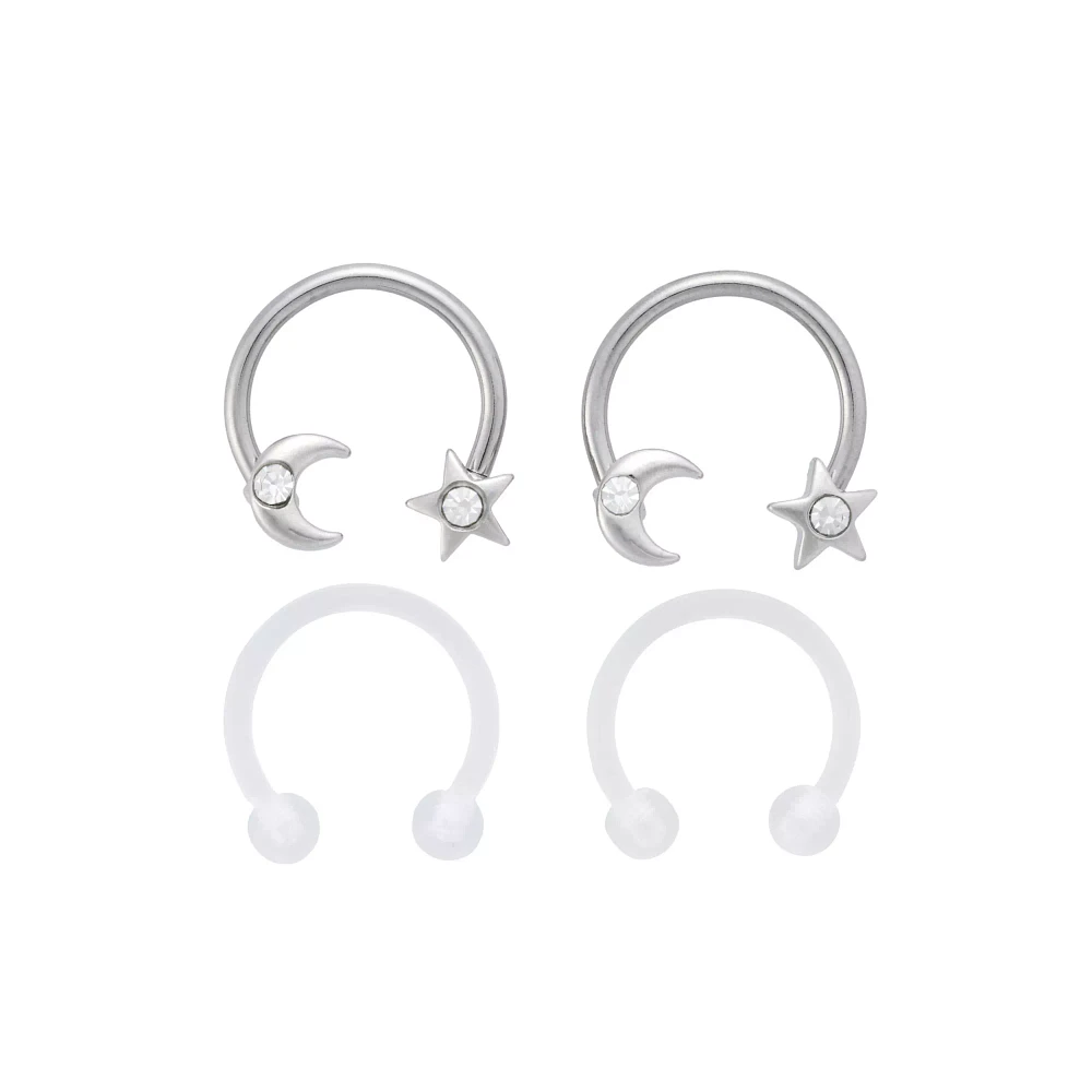 Multi-Pack CZ Silvertone Moon Star Horseshoe Rings 2 Pair - 16 Gauge