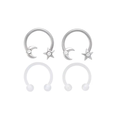 Multi-Pack CZ Silvertone Moon Star Horseshoe Rings 2 Pair - 16 Gauge