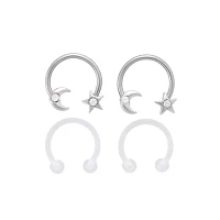 Multi-Pack CZ Silvertone Moon Star Horseshoe Rings 2 Pair - 16 Gauge