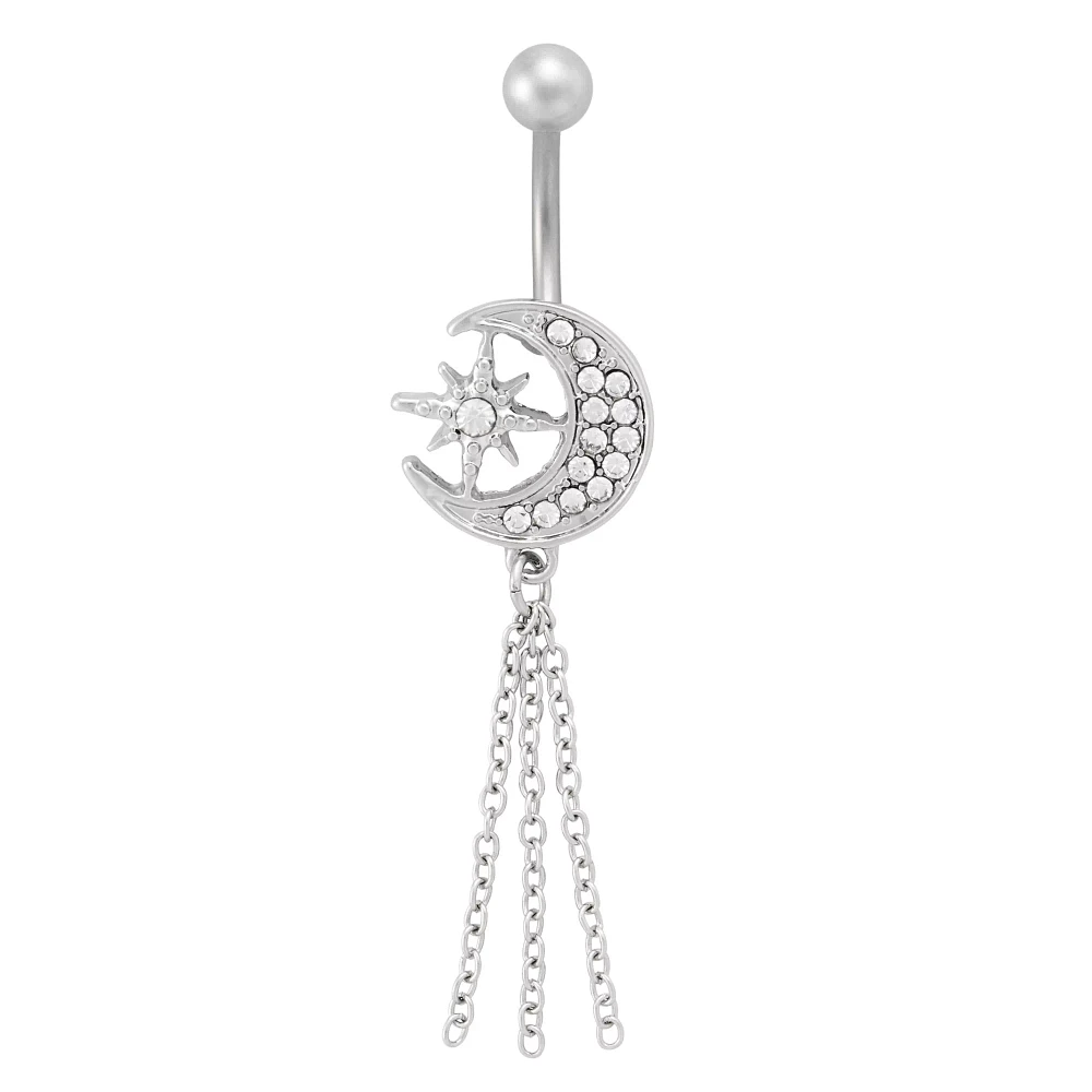 Titanium Moon and Star Chain Dangle Belly Ring - 14 Gauge