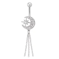 Titanium Moon and Star Chain Dangle Belly Ring - 14 Gauge