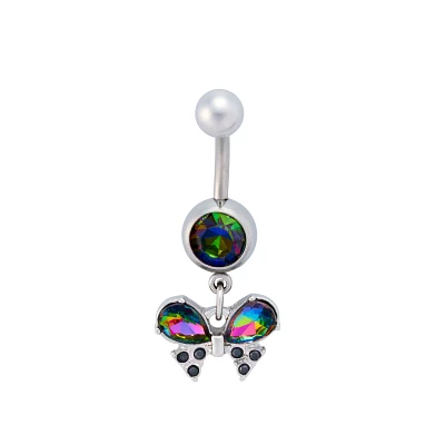Multi-Color CZ Titanium Butterfly Dangle Belly Ring - 14 Gauge