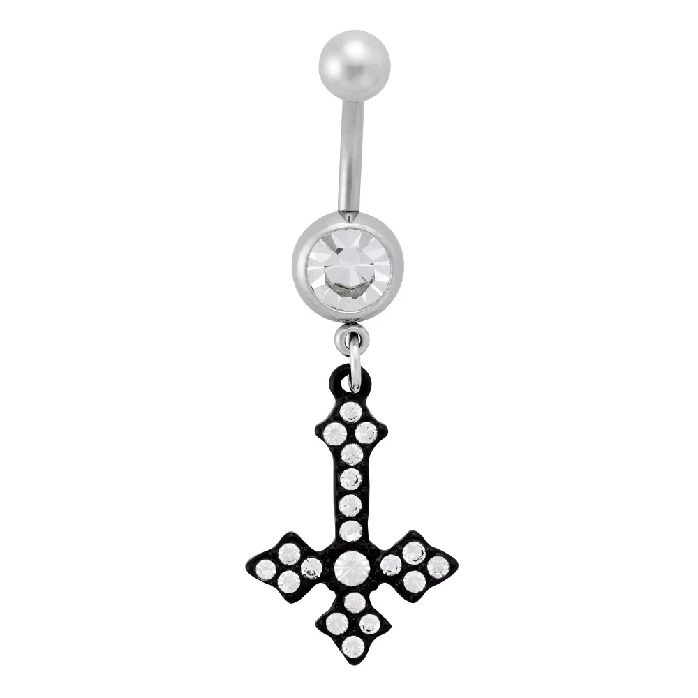 CZ Titanium Inverted Cross Dangle Belly Ring - 14 Gauge