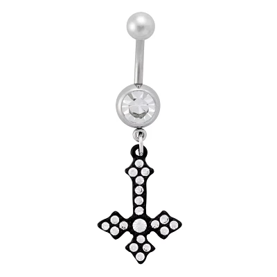 CZ Titanium Inverted Cross Dangle Belly Ring - 14 Gauge