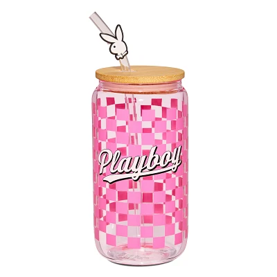 Playboy Checkered Glass Cup with Straw - 16 oz.