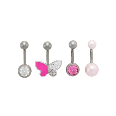 Multi-Pack Pink Titanium Butterfly Belly Rings 4 Pack - 14 Gauge