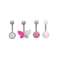 Multi-Pack Pink Titanium Butterfly Belly Rings 4 Pack - 14 Gauge