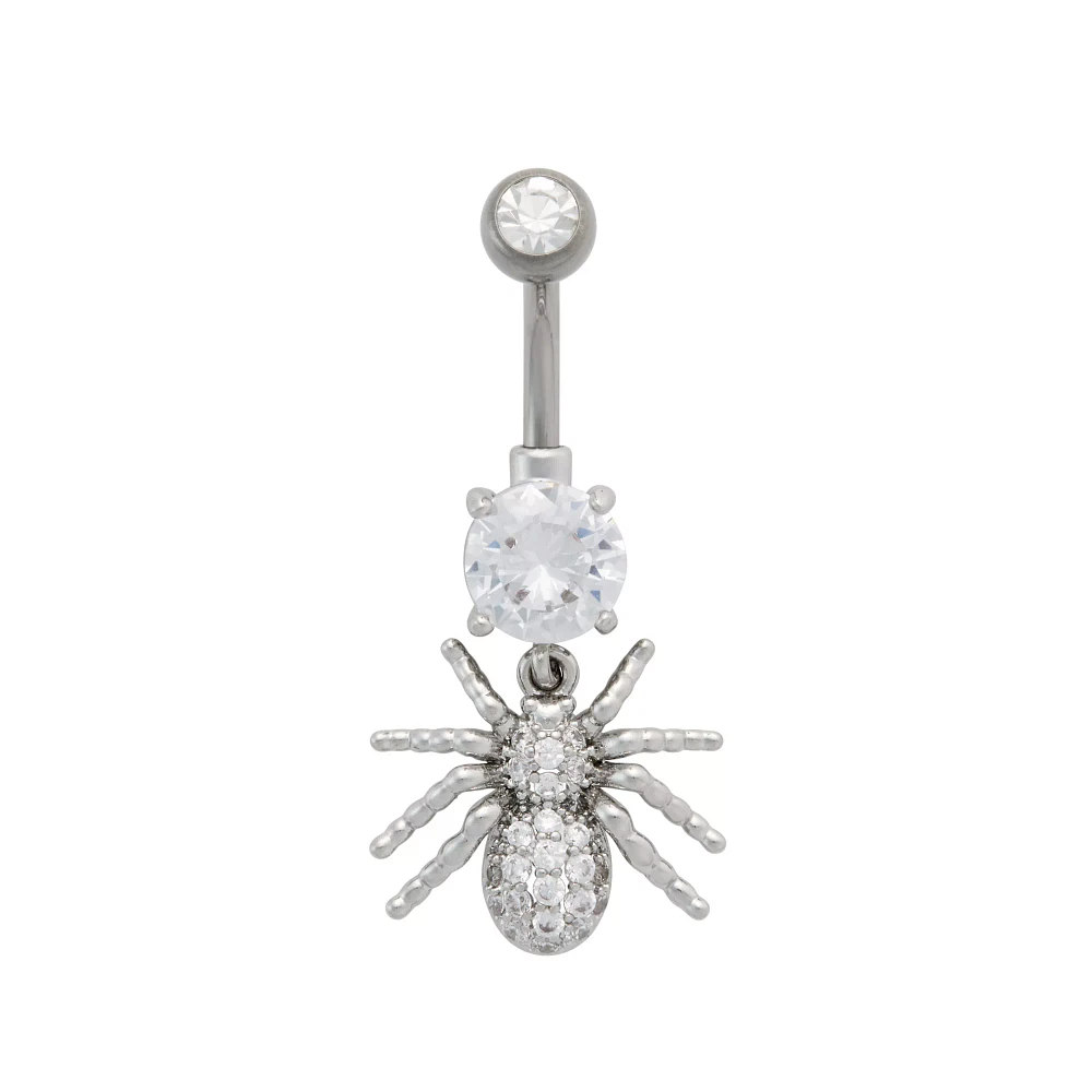 Silver Titanium and CZ Spider Dangle Belly Ring - 14 Gauge