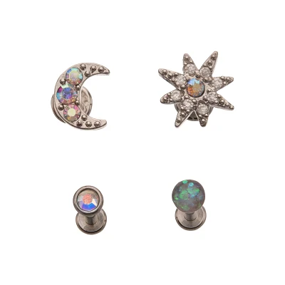 Multi-Pack CZ Sun and Moon Labret Lip Rings 4 Pack - 16 Gauge